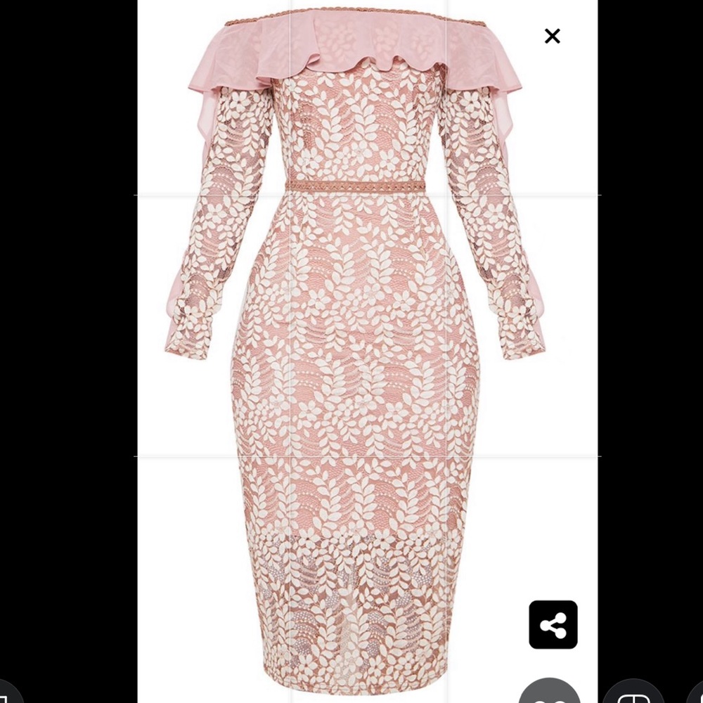 Dusty Pink Bardot Lace Frill Sleeve Midi Dress